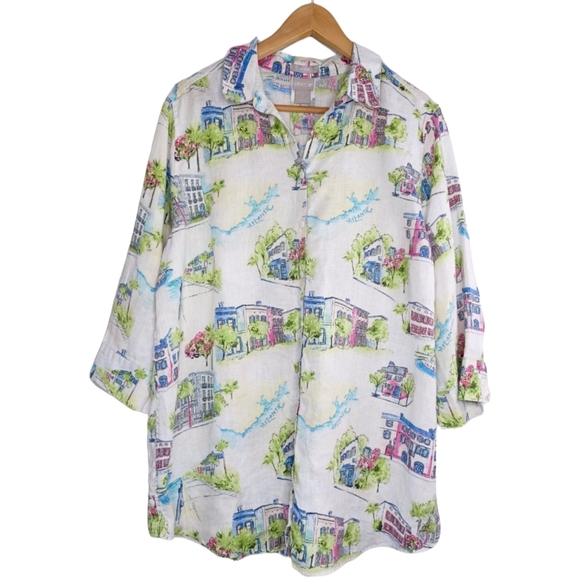 Chico's 100% Linen Novelty City Print Sz 3 Long Sleeve Button Down Front Blouse - Picture 2 of 15